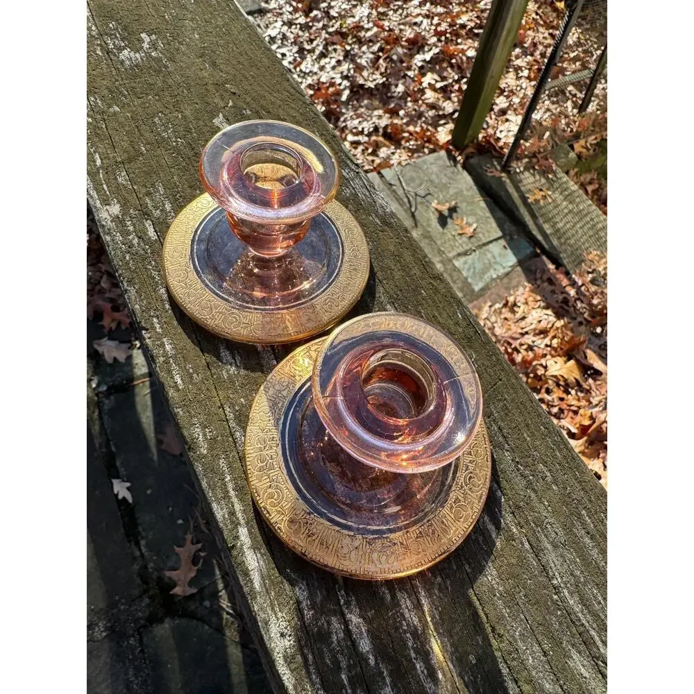 Vintage Pink Depression Glass Candle Holders Gold Rims